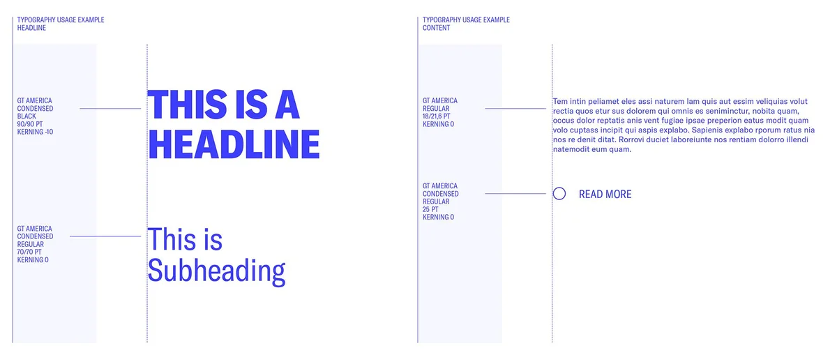 Typography usage example — headline and content styles with sizes and kerning specs